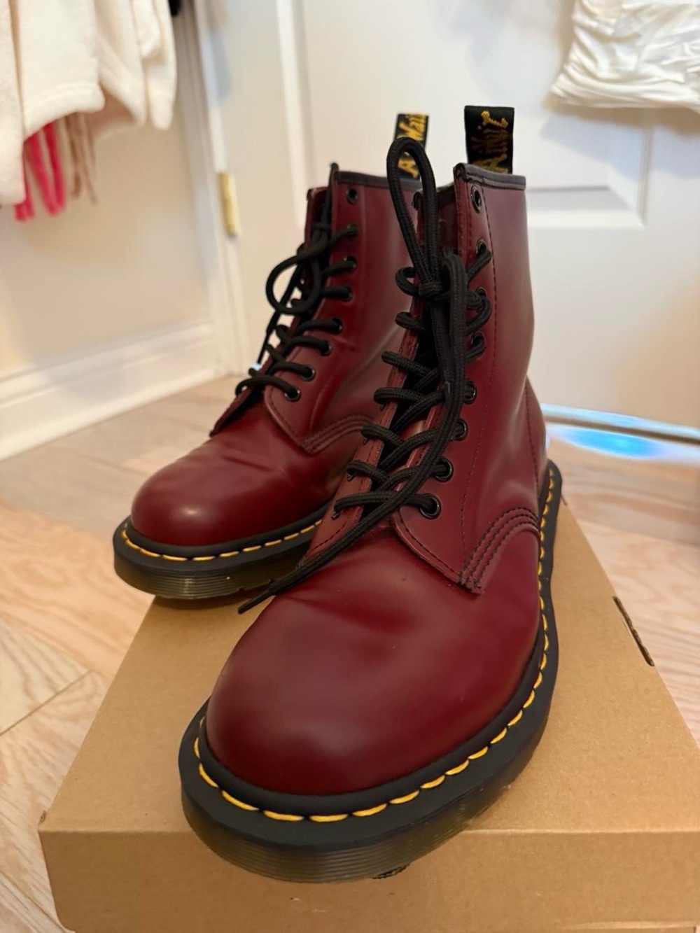 Dr. Martens Cherry Red 8-Eye Leather Boots with Yellow Stitching